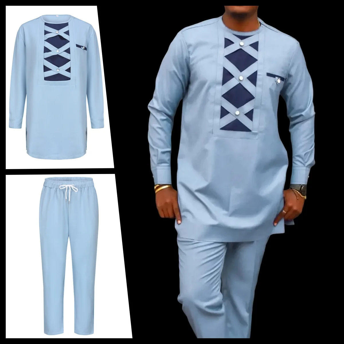 New Men Groom luxury wedding two-piece dress Full elegant suit patchwork crew-neck social African ethnic style dress