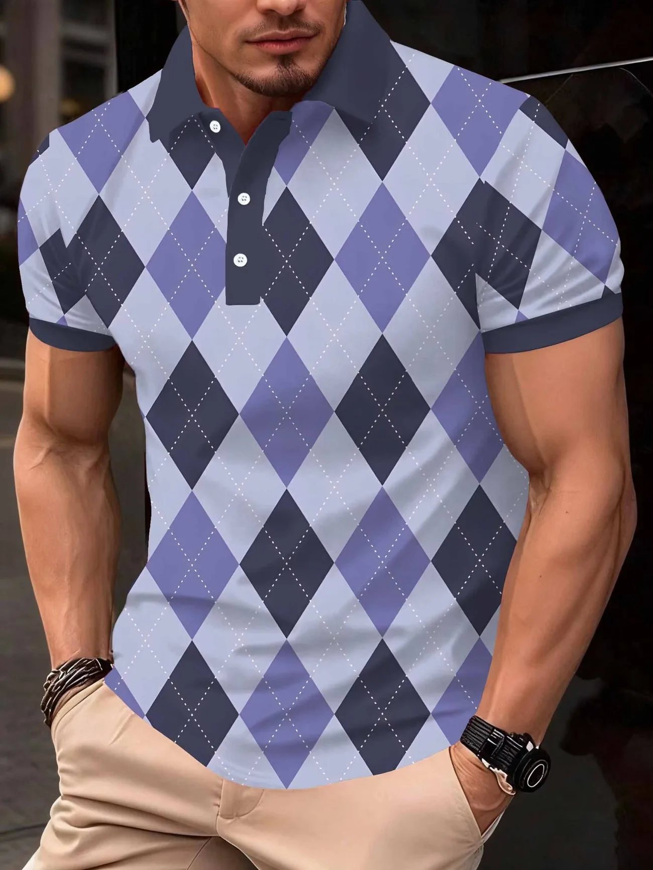 Men's Argyle Golf Polo Shirt Short Sleeve Performance Apparel Classic Preppy Casual Collared Tee Daily Wear Vintage Summer Tops
