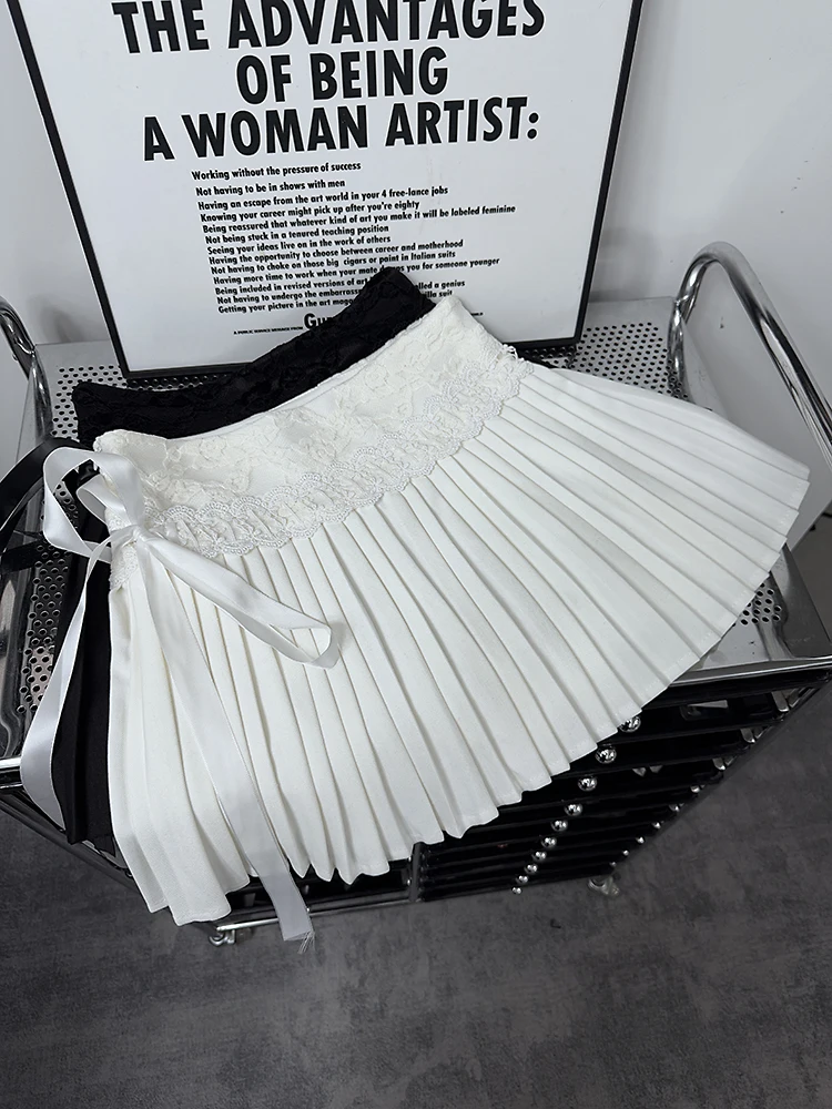 Pure Desire Lace Patchwork Belted A-Line  Skirt Early Spring High Waist Unique Beautiful Half Body Skirts Women's Fashion