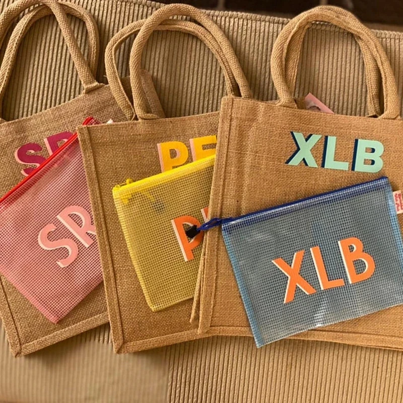 

Personalize Monogram Jute Shopping Carryall Beach Tote Bags with Pool Bag Custom Name Pool Toiletry Bags Bridesmaid Gifts