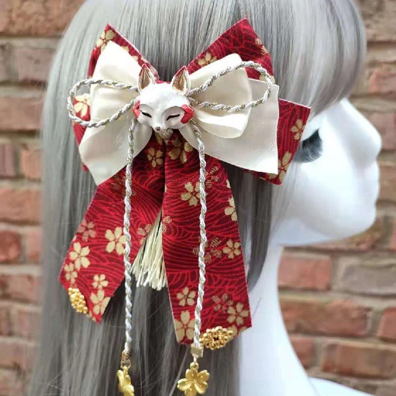 Yae Miko Cos Retro Fox Sakura Tassels Cute Big Bowknot Hairpin Headwear Japanese Kimono Haori Lolita Hair Accessories Side Clip