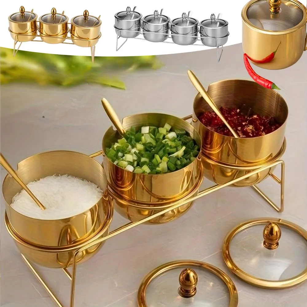 

1PC Large Capacity Seasoning Containers Set Gold/Silver Stainless Steel Stand Salt Pepper Jars Kitchen Organizer for Condiments
