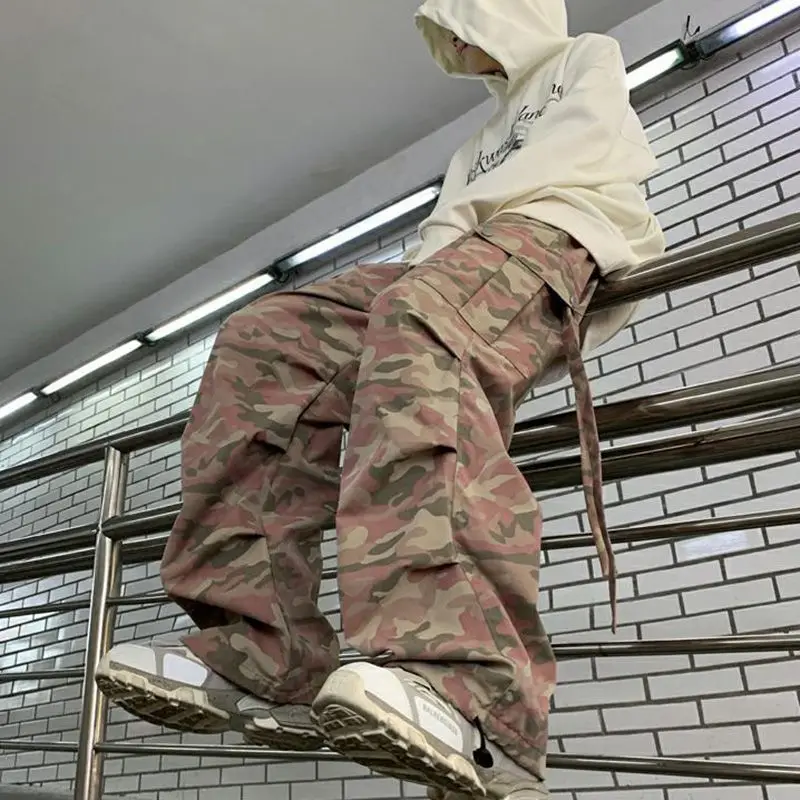 Men's Multi-pocket Camouflage Pants Hip-hop Style Young Boy Bottoms Contrast Color Casual Straight Wide Leg Loose Male Trousers