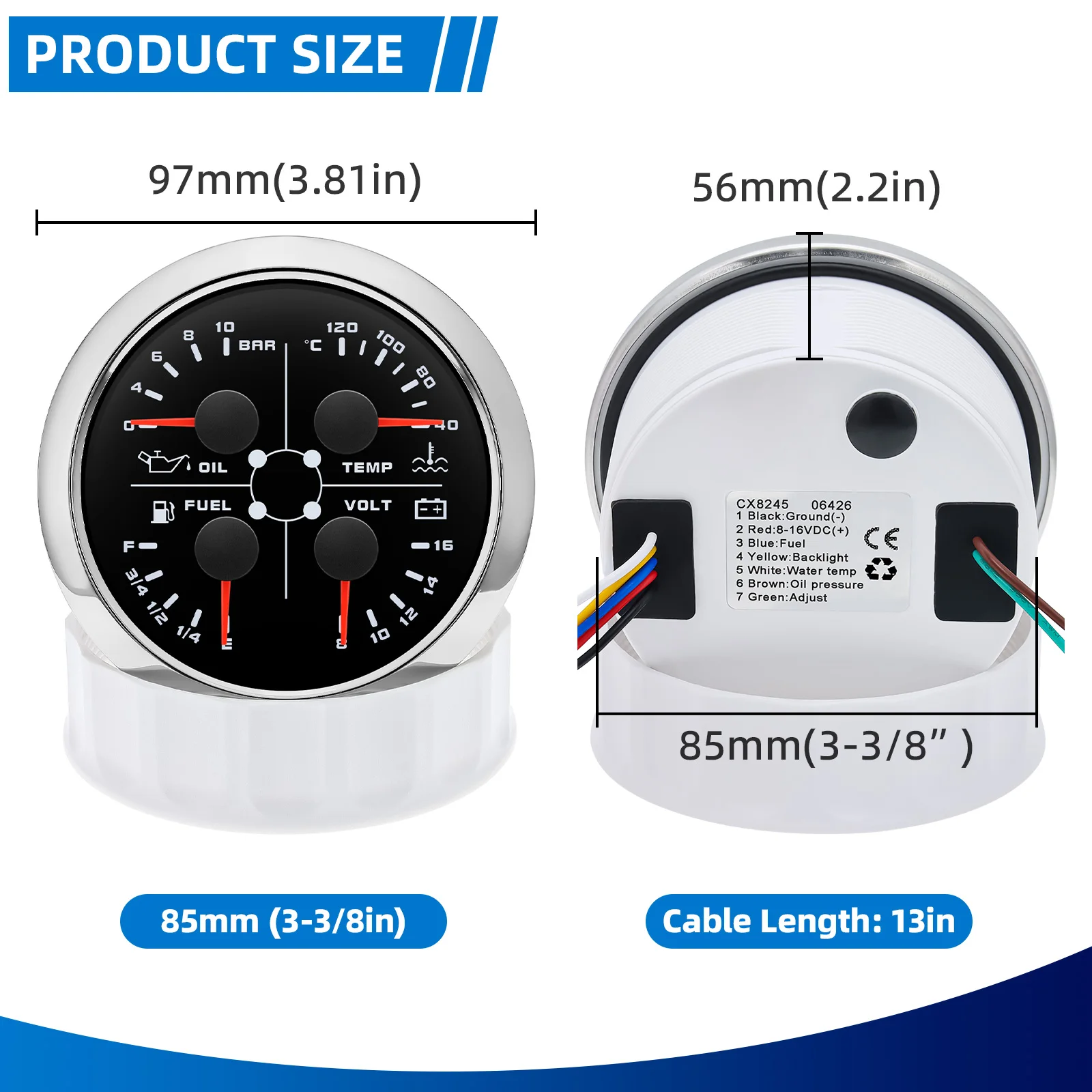 4 in1 Multifunctional Gauge 85mm Boat Speedometer with 7 Colors  Oil Pressure+Water Temp+Fuel Gauge+voltage for Car Marine Boat view 5
