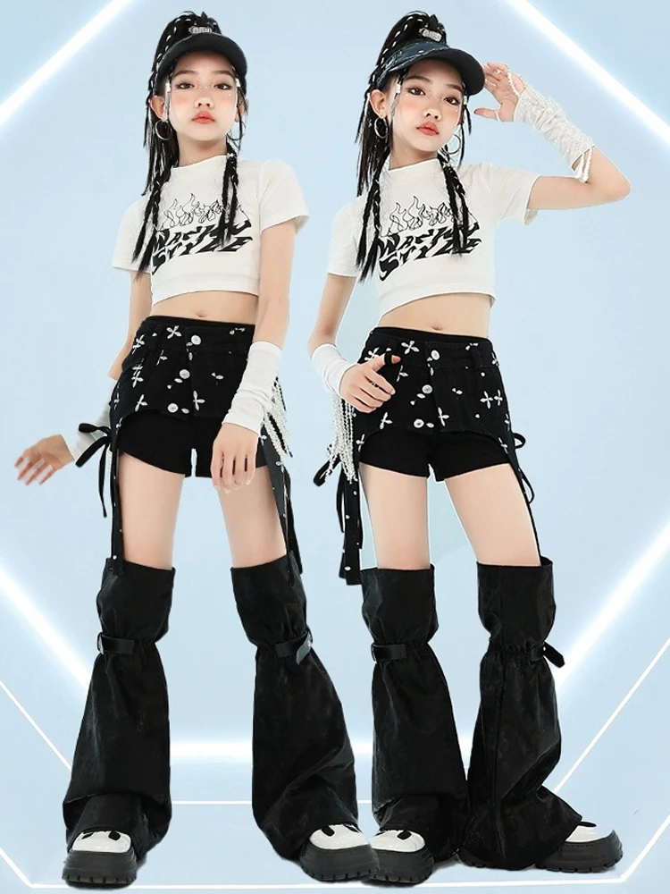 Ropa de baile de Jazz Kpop para niñas, trajes de baile de Hip Hop para niños, Tops blancos, pantalones negros, ropa de competición de concierto de Hip Hop, BL13428