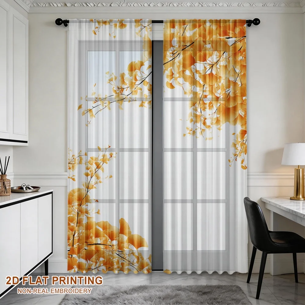 2PCS Fall Sheer Curtains, Ginkgo Leaf Branch, Digital Print, Bedroom Living Room Kitchen, Rod Pocket Polyester Home Decor