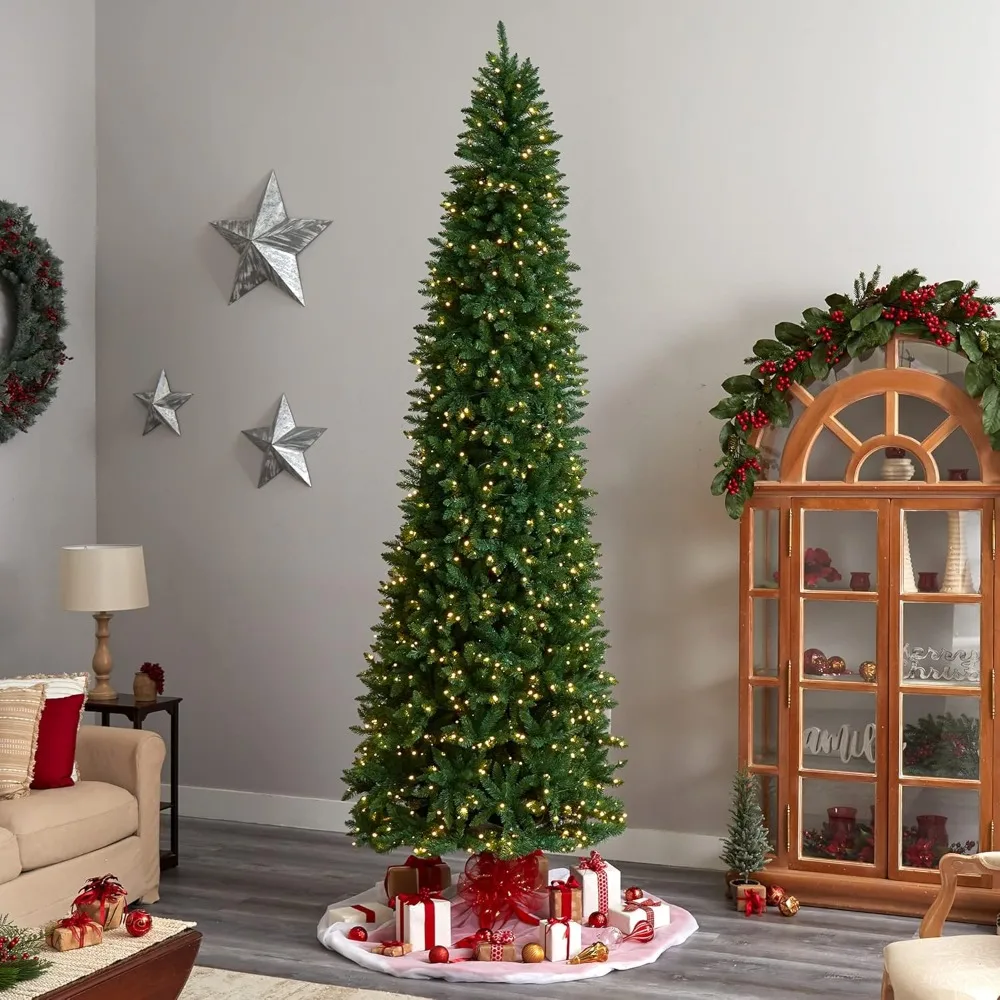 

Thin Green Pine Artificial Christmas Tree with Clear LED Lights and Bendable Branches Christmas Decoration