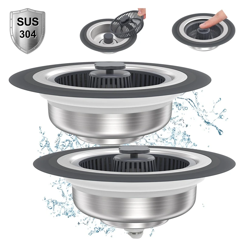 B03C-2 Pack Upgraded 3 In 1 For Kitchen Sink Drain Strainer Stopper Combo, Stainless Steel Basket Filter Sink Strainer