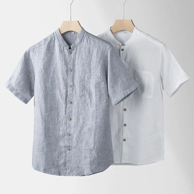 

Summer New Men's 100% Linen Casual Stand up T-shirt Lightweight, Breathable, Light Luxury Quality Cotton and Linen Short Sleeve