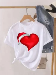 Watercolor Love Heart Trend Print Women Tee Christmas Holiday Top Fashion Lady New Year Shirt Clothing Clothes Graphic T-shirt