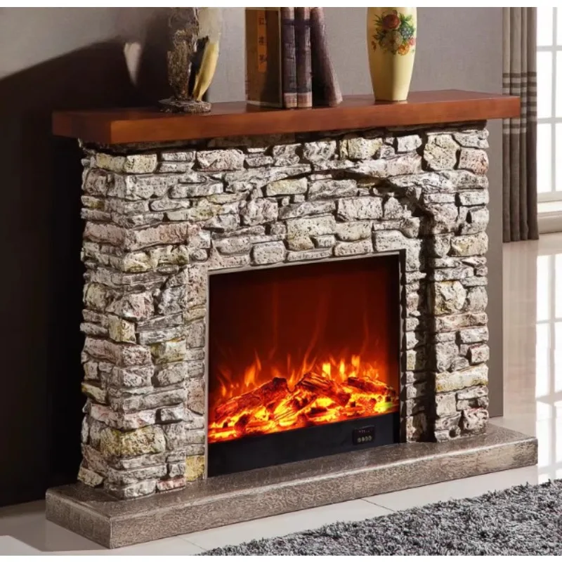 American and European style fireplace, vintage stone replica mantelpiece, realistic flame heating chamber