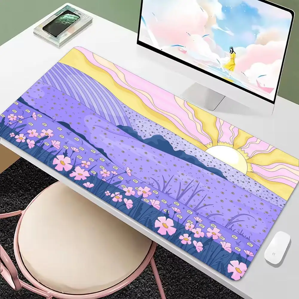 Pastel Mountain Floral Gaming Mousepad Sunset Scenic Desk Mat Non‑Slip Rubber Stitched Edge Pad For PC Gaming Enthusiasts