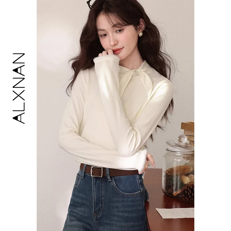 ALXNAN Women's Apricot Fleece-lined T-shirt Unique Bow Neckline Slim Fit Basic Casual Pullover Fashion Long Sleeve Tees L60555