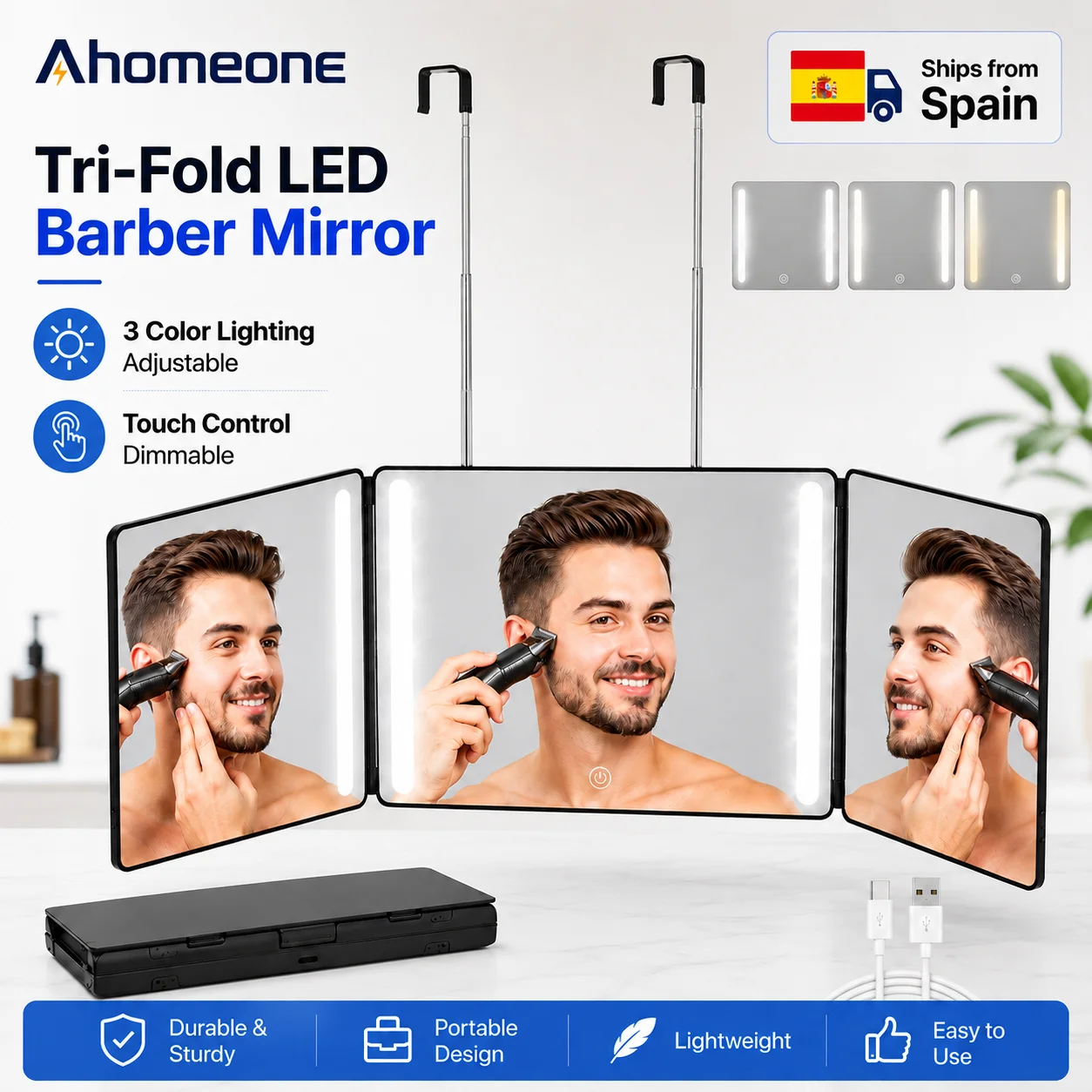 Miroir à 3 voies pour la coupe de cheveux 360° °   Miroir de maquillage pliable à trois volets avec LED, hauteur réglable, crochet télescopique, miroir de voyage portable, miroir pliant pour le rasage, le coiffage, la barbierie, la maison, la salle de bain, miroir de maquillage pour hommes et femmes