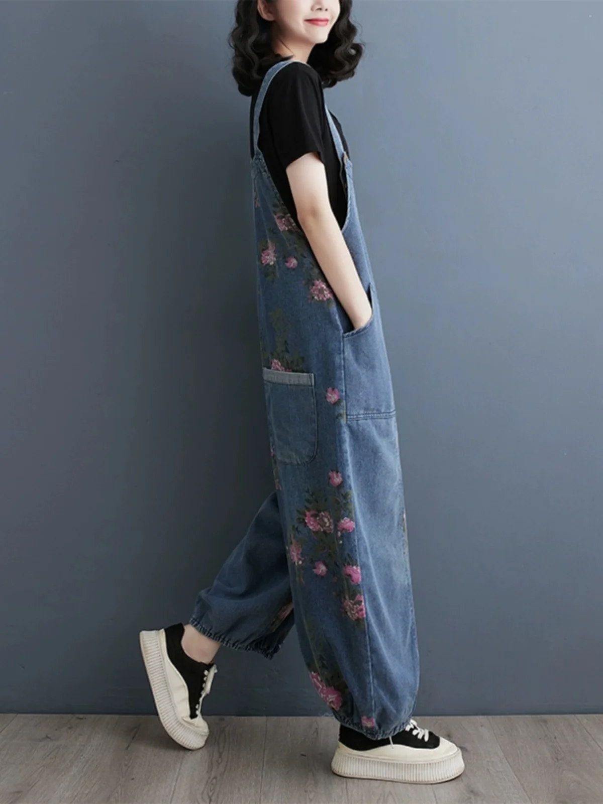 Retro Stylish Loose Fit Denim Overalls Women's Multi-Pocket Slimming Lantern Pants High Waist Cotton Jeans Commute Style - view 4