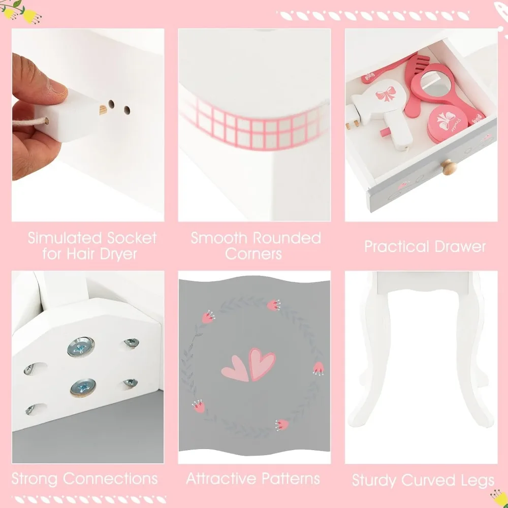 子供用2-in-1プリンセスメイクアップドレッシングテーブル＆チェアセット（取り外し可能な三面鏡付き）、幼児用引き出し付き化粧台