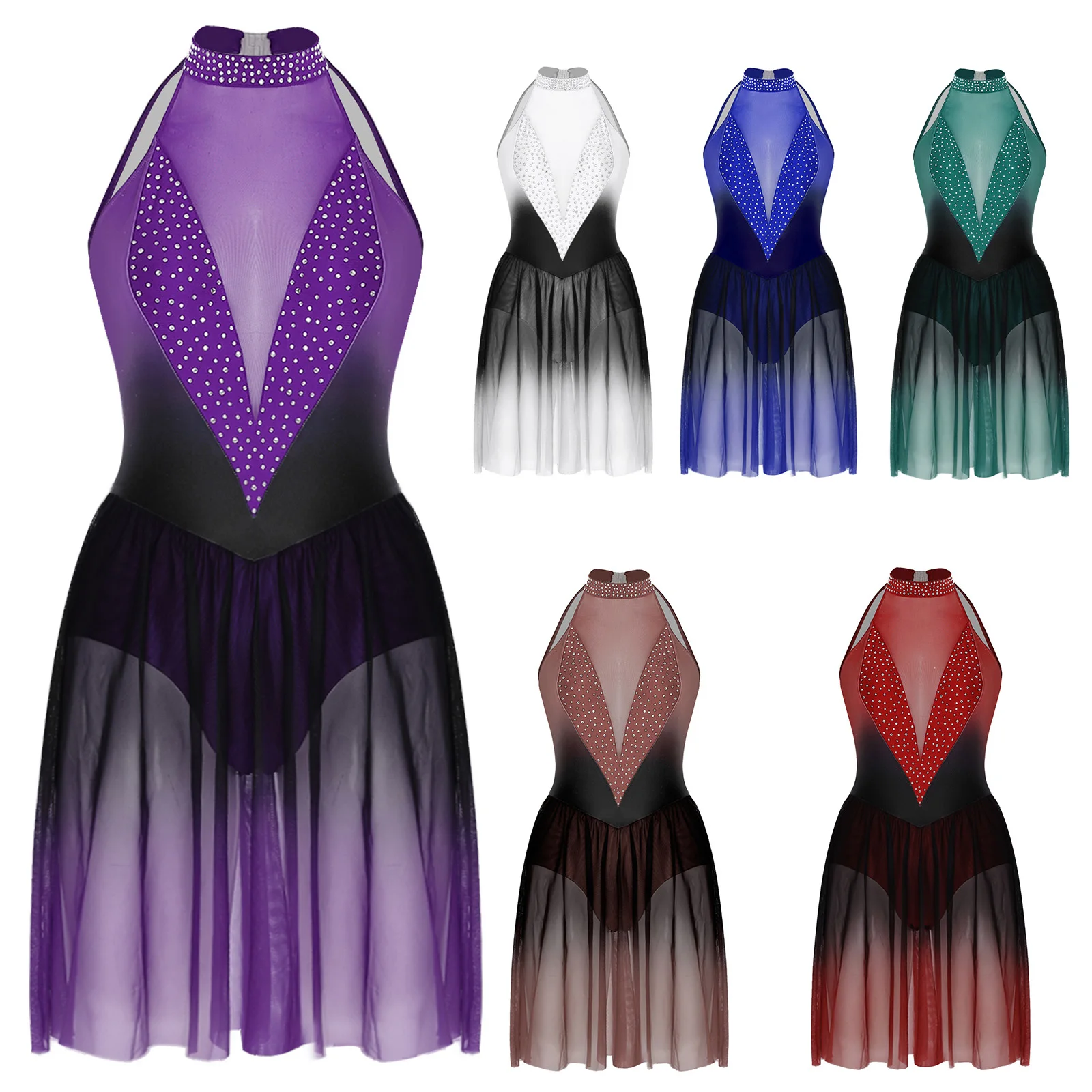 Women Rhinestones Figure Ice Skating Dress Halter Sleeveless Sheer Mesh Gymnastic Ballet Leotard Contemporary Lyrical Dancewear