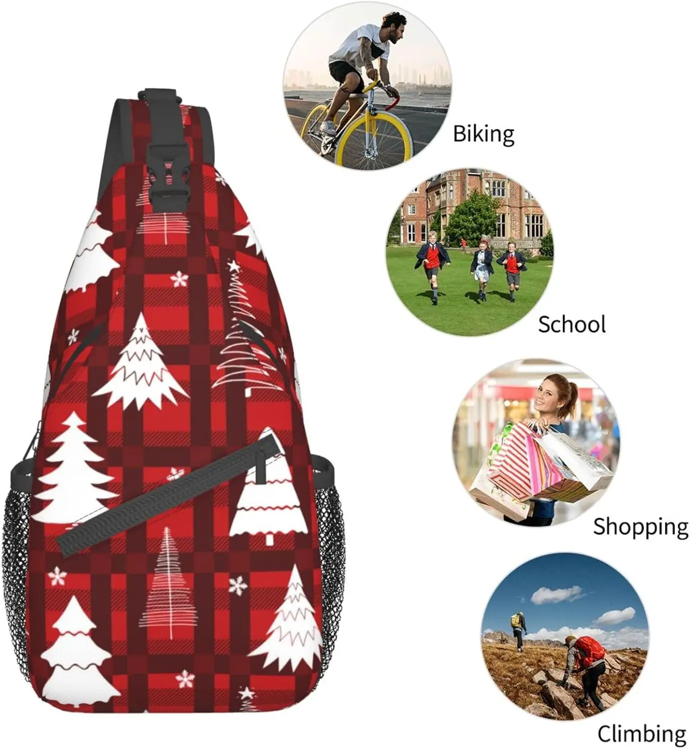 Red Christmas Tree Plaid Crossbody Sling Mochila, Xmas Snowaflake Peito Bag, mochila para caminhadas, viajando, ao ar livre