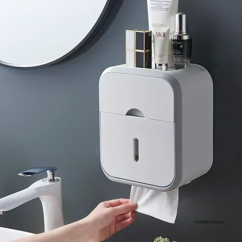 Toilet Paper Holder Box holder Bathroom Rack Waterproof Reel Tissue Storage Box Punch-free Kitchen Bathroom Storage Holder