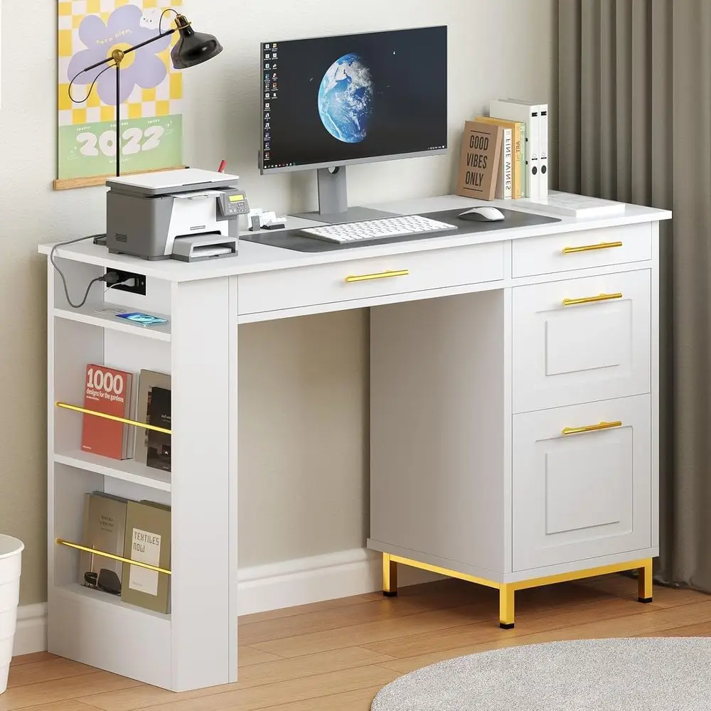 

48-Inch White Desk with Power Outlet and Side Shelf, Perfect for Small Spaces in Study or Bedroom