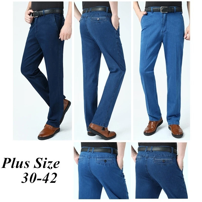 Men's Casual Straight Jeans Denim Trousers Middle Age Father Pants Plus Size 30~42