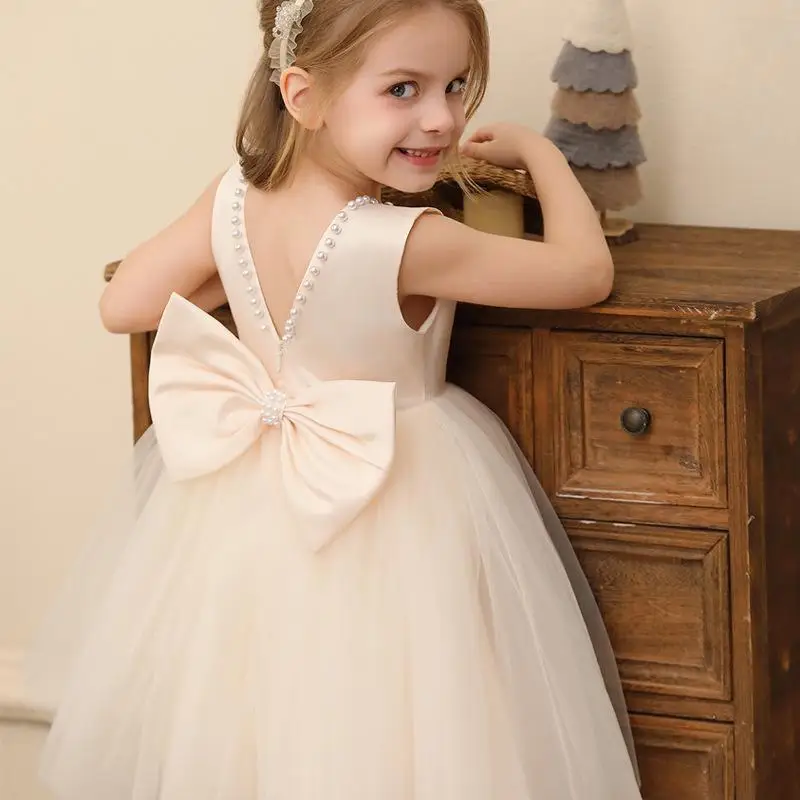 New Solid Color Pearl Bow Sleeveless Mesh Fluffy Skirt for Girls Christmas Halloween Birthday Party Princess Dress for 2-10 Year