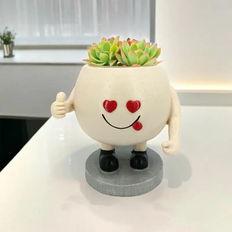 Happy Face Planter Resin Thumb-up Cheerful Kids Face Planter Pots Lovely Decorative Flower Planter With Drainage Hole For String