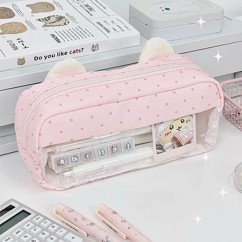 Cute Polka Dot Bear Pencil Case With Photo Slot And Large Space Perfect For Students Daily Stationery Storage