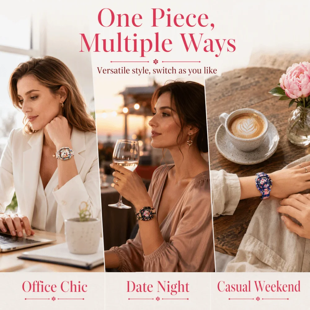 Stainless Steel Quartz Bracelet Watch Floral Printed Rainbow Gradient Square Wristwatch Elastic Colorful Stretch Strap Watch