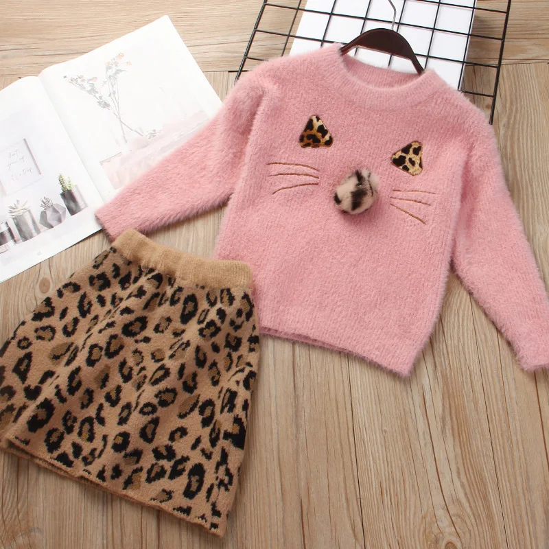 

Autumn Style Toddler Girl Dress Set, Stylish Solid Color Sweater, Mink Velvet Leopard Print Skirt Two-Piece Set
