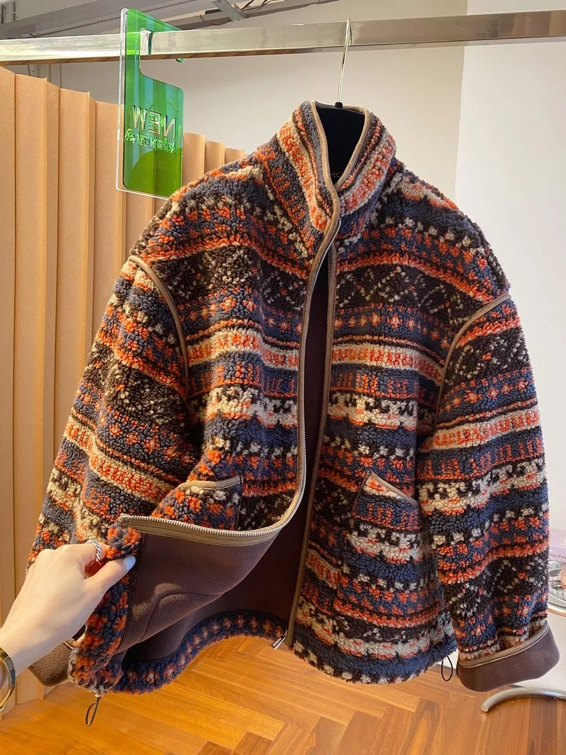 

Unisex Oversized Fleece Lined Thickened Stand Collar Fur Jacket Casual Vintage Outerwear Spring Youth Popular Warm Zipper Clo...