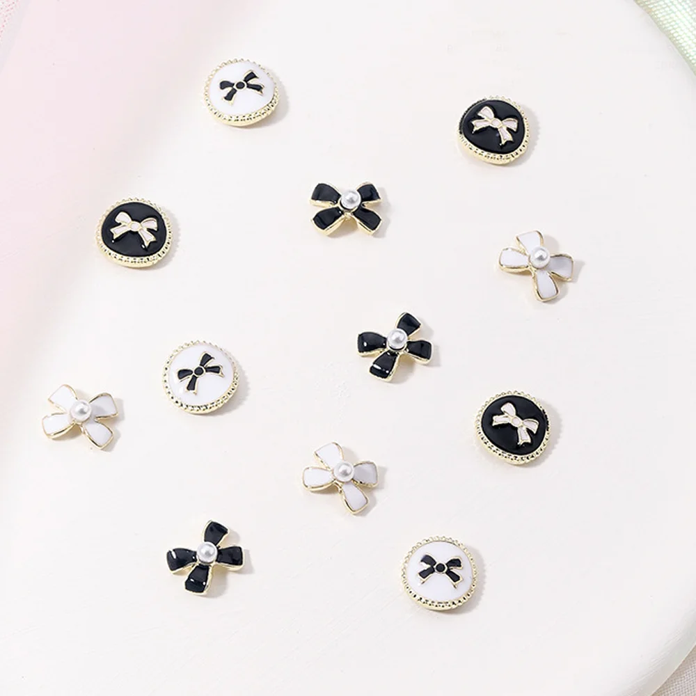 10pcs Black/White French Bows Nail Art Charm 3D Alloy Pearl Retro Bowknot Nail Decoration DIY Y2K Style Nail Accessories