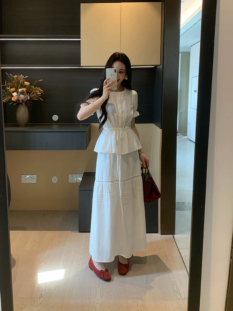 

XINYI Moonlight White Tea Linen Dress Set Women's Summer Slimming High Waist Two-Piece Set Pear Shape Waist Cinching