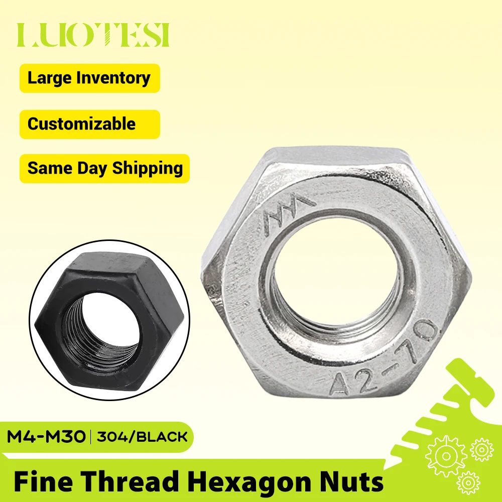 Hexagon Fine-pitch Nut 304 SS Black Plated M4 M5 M6 M8 M10 M12 M14 M16 M18 M20 M22 M24 M27 M30 DIN934 Metric Fine Thread Hex Nut