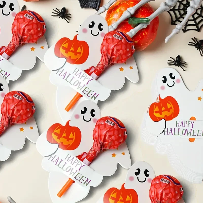 50Pcs Halloween Lollipop Card Ghost Pumpkin Pattern Lollipop Holder Halloween Party Supplies Creative DIY Decoration Accessories