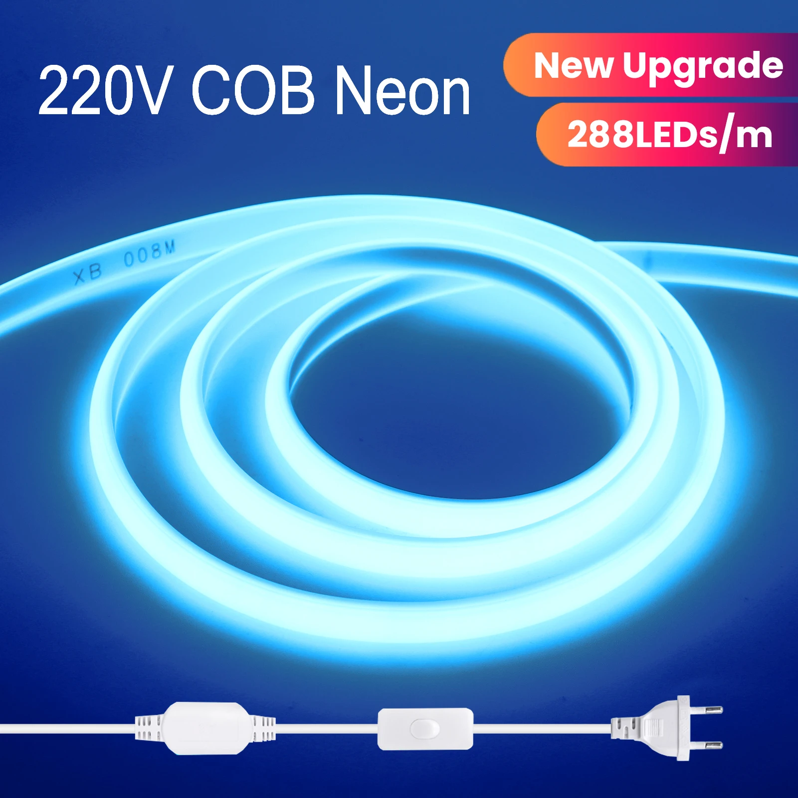220V COB Strip 288LEDs/m Outdoor Waterproof Neon Lights with EU UK Switch Plug COB Light White Red Ice-Blue Green Pink Yellow