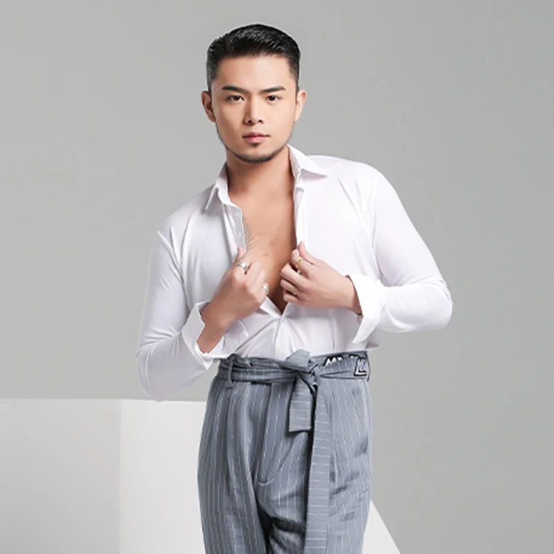 Camisa de baile de salón estándar para hombres, traje de actuación, ropa de escenario de Tango Rumba, Tops de práctica de manga larga, Top de baile latino 2003