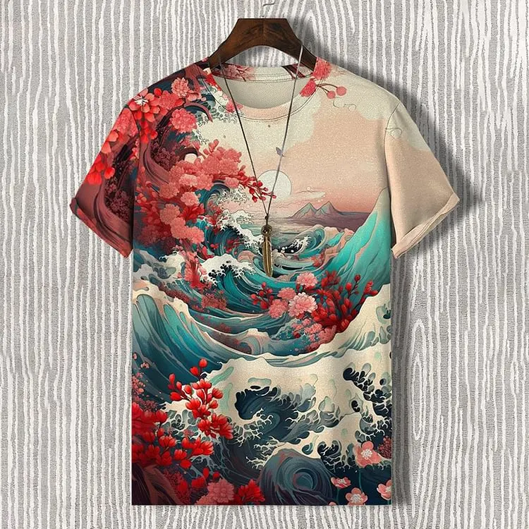 T-Shirt à Manches Courtes pour Homme et Femme, Vêtement Décontracté, Imprimé Floral, Vague de Mer, Art Japonais 3D, Personnalité de Rue