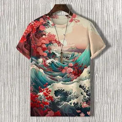 Men's Floral Sea Wave Japanese Art 3D Print Casual T-Shirts Men/Women Street Personality Short Sleeve Top Tee Oversized Clothing