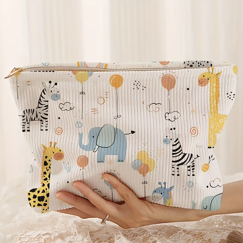 Elephant Giraffe Balloon Pattern Printed Corduroy Makeup Bag Lightweight Zipper Lined Bag Storage Suitable Toiletries Additions