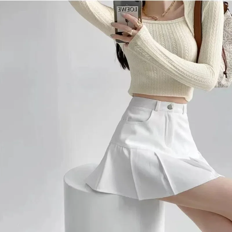 Vintage High Waist Pleated Skirt Women College Style Uniforms Safety Pants Mini Skirts Woman Korean Street Slim A-Line Skirt