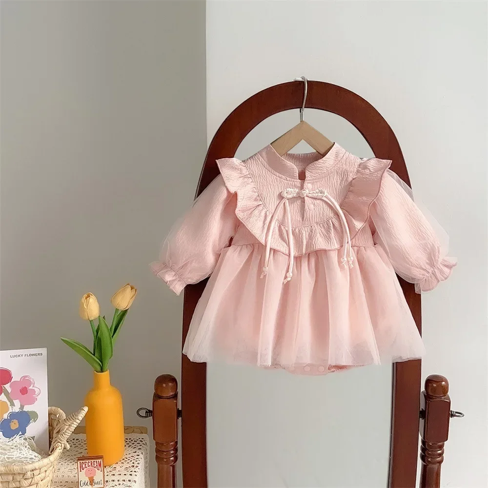 

2024 Spring Baby Girl Palace Style Button Harper Cotton Ruffle Puffy Mesh Long Sleeve Infant Girls Dress Newborn Girls Bodysuit