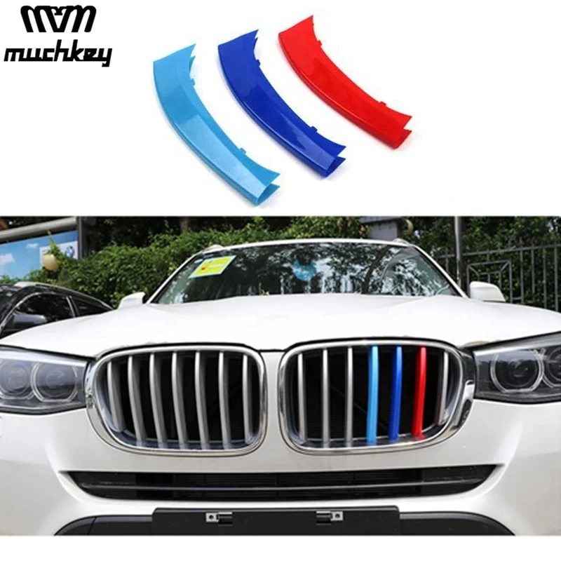 

3D M Car Front Grille Trim Strips Grills Cover Performance Decoration Stickers For BMW X3 X4 F25 F26 2011 to 2017 7 Grilles 3Pcs