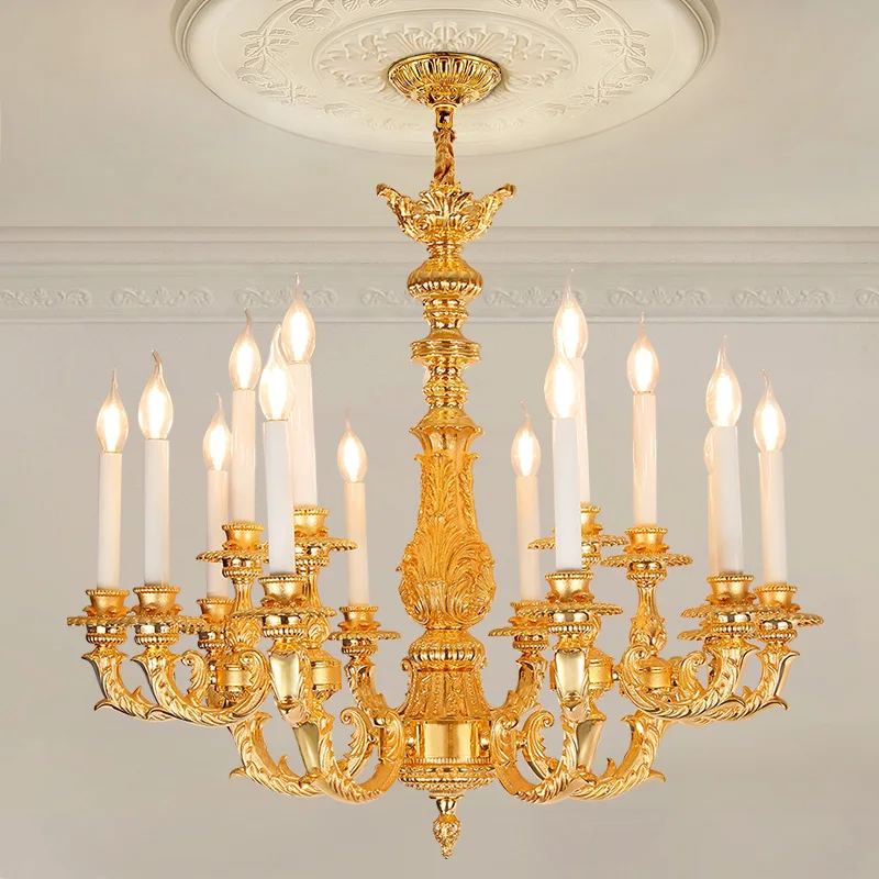 

Французское декоративное освещение для гостиной, латунная золотая люстра, европейская столовая, медный резной подвесной светильник