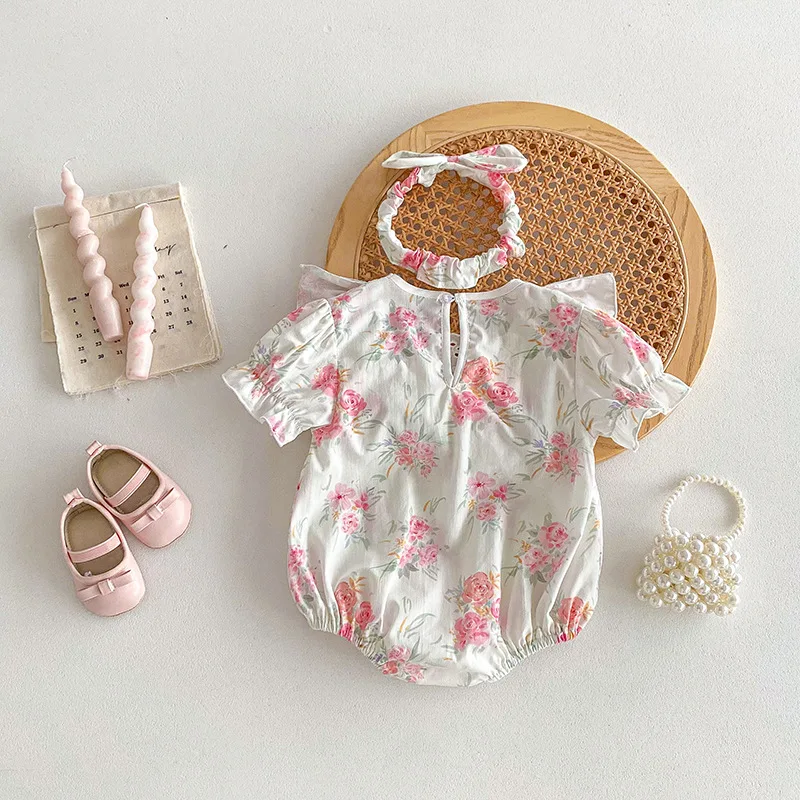 Baby Girls Romper Headband Set Pink Floral Summer Clothes Short-Sleeved Newborn Jumpsuit Korean Toddler Infant One-Pieces Onesie