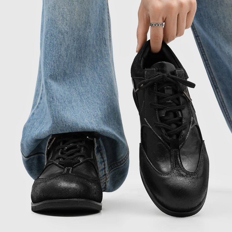 Men Virtue Training Shoes Retro Lace‑up Sneakers Flat Shoes Genuine Leather Man Casual Dress Shoes Outdoor Daily Footwear