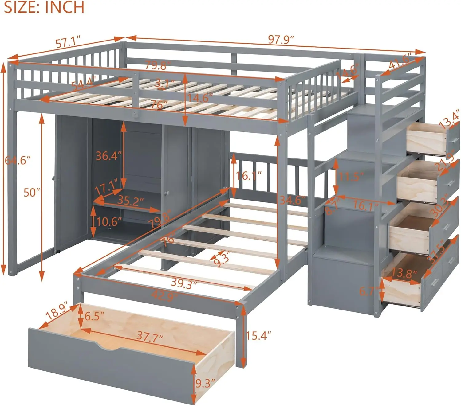 Modern Full Over Twin Bunk Bed with Built-in Wardrobe, L-Shape Solid Wood Bunk Bed Frame with Storage Staircase and Drawers,