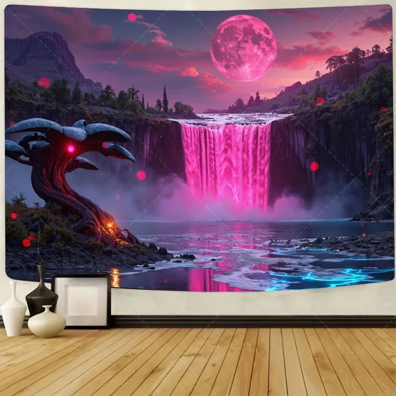 

1шт настенный гобелен "Футуристический розовый гобелен-водопад со светящейся луной и лавовым деревом"