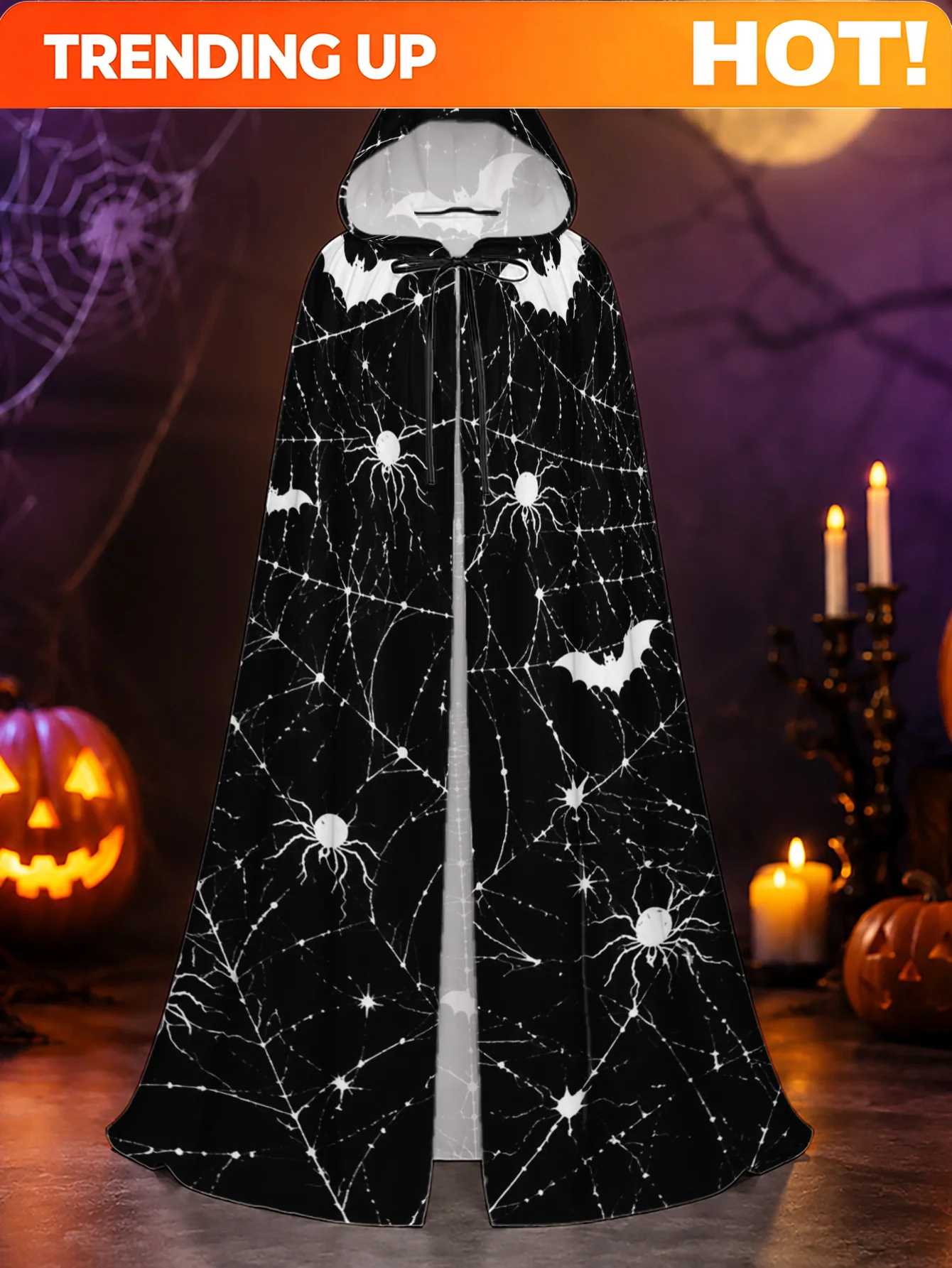 Customization 1pc, Unisex Polyester Hooded Robe With Halloween Spider Web Elements, Full-Length Cloak For Halloween Haunted Nigh