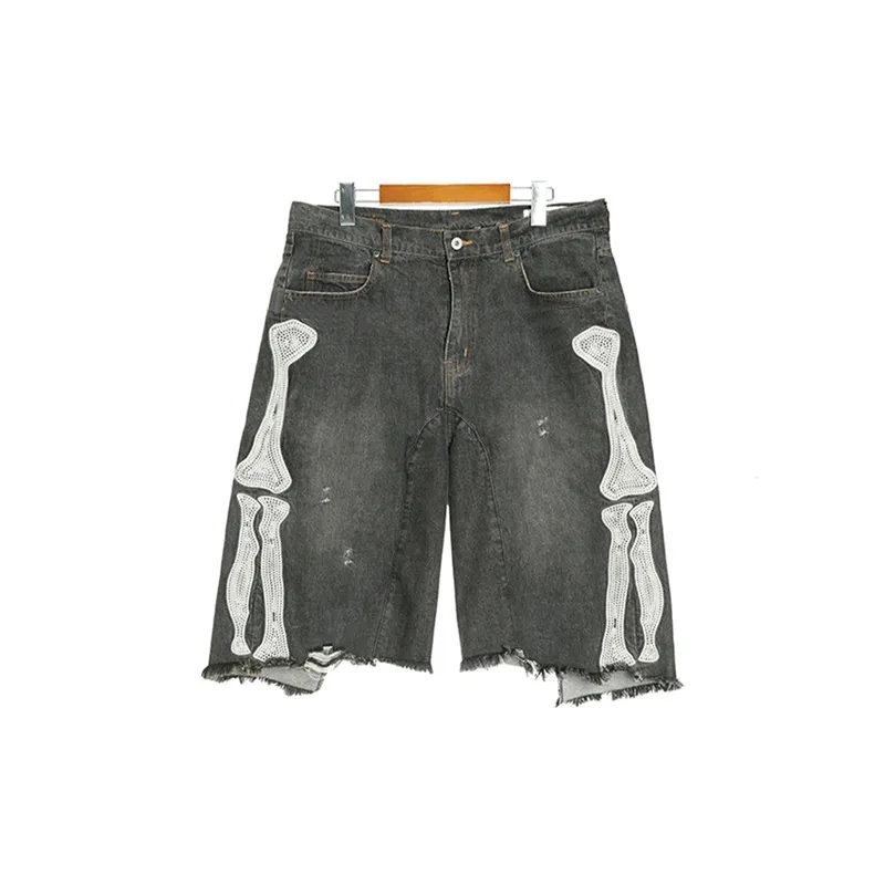 21SS Japan KAPITAL Hirata Kazuhiro Bone Embroidery Distressed Loose Casual Denim Shorts for Men and Women